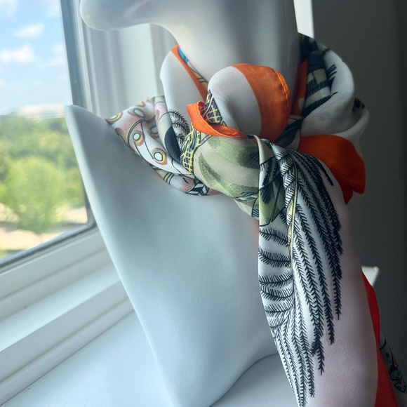 Retro vintage orange white Feather silk scarf wrap - Picture 8 of 9